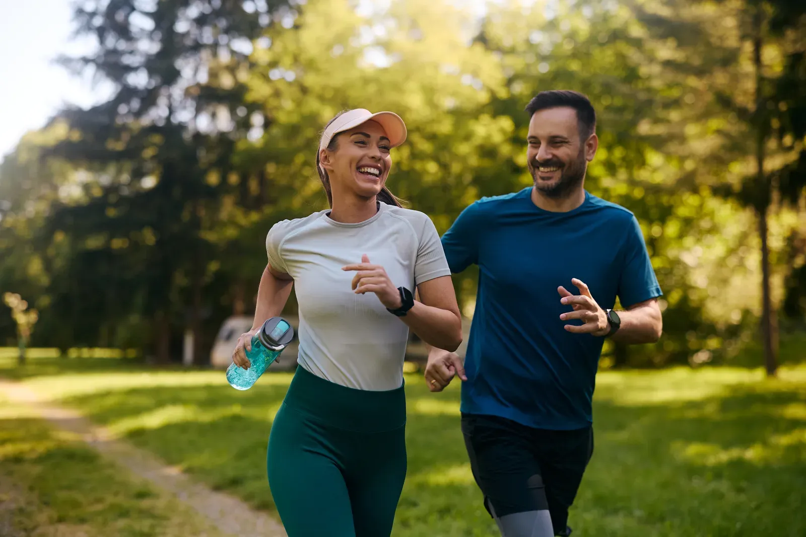 Jogging through the park together, an easy cardio day between training sessions