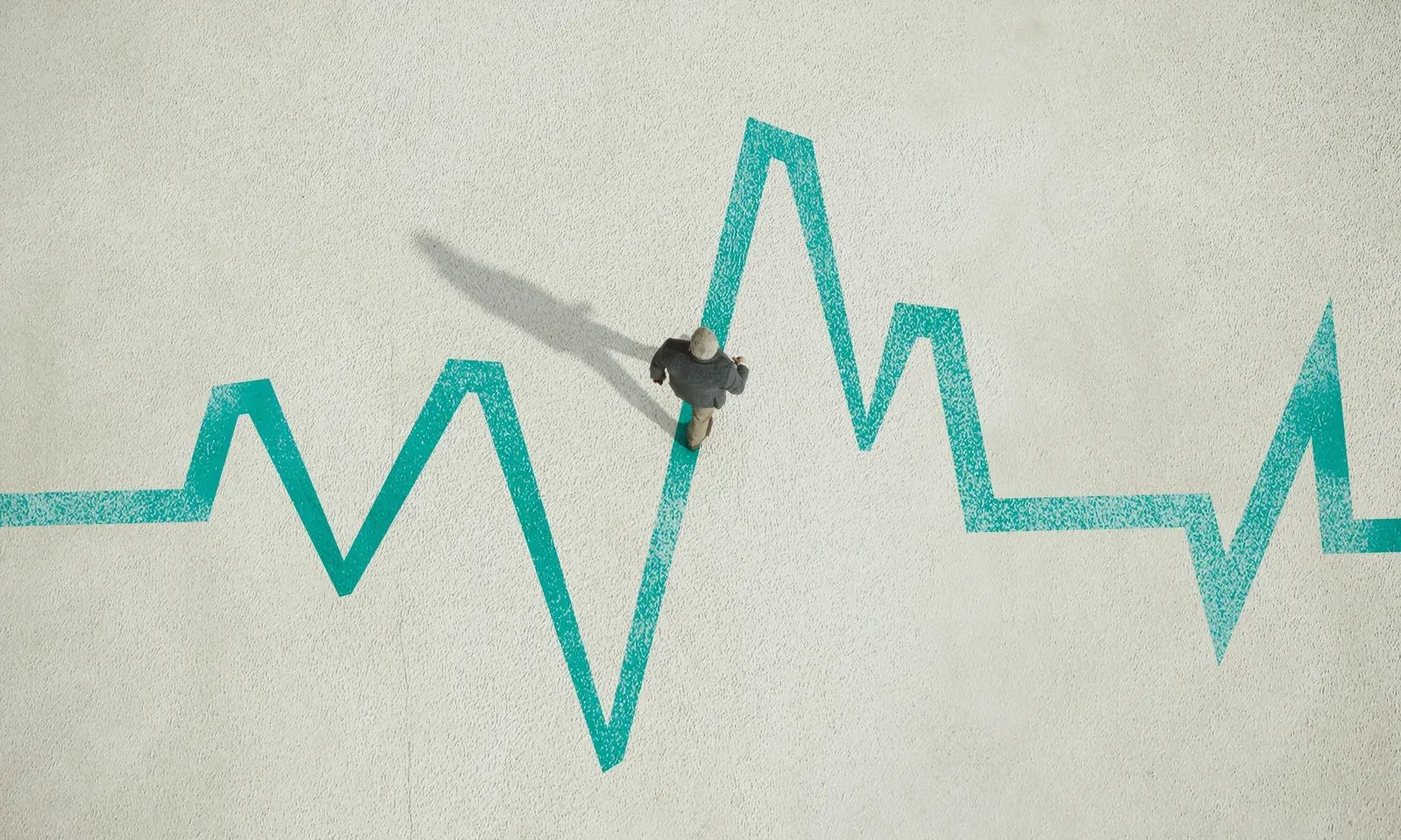 A figure walking across a painted pulse line, tracing the gap between one reading and the next