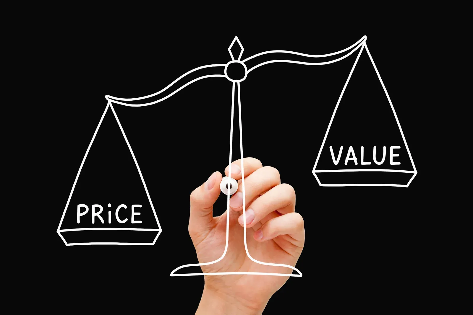 Balance scale weighing high price against low value