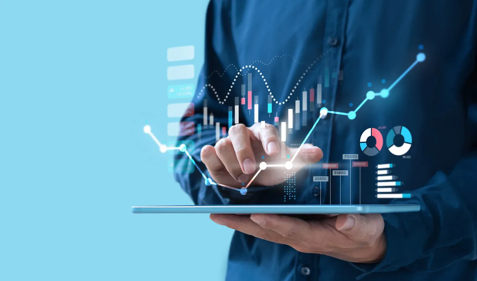 Man studying shifting market prices on a tablet screen